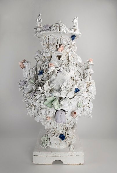 Anthony Sonnenberg, Campagna Vase (Drama Kween), 2018, porcelain over stoneware and found porcelain tchotchkes, and unglazed color, 32 in. × 9 1/2 in. × 9 1/2 in. (81.3 × 24.1 × 24.1 cm), courtesy of Anthony Sonnenberg.