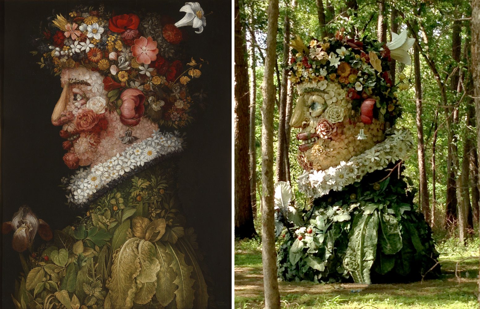 Painting and sculpture of a floral human profile in a forest setting.