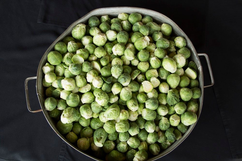 Large metal container with fresh green Brussels sprouts, dark background.