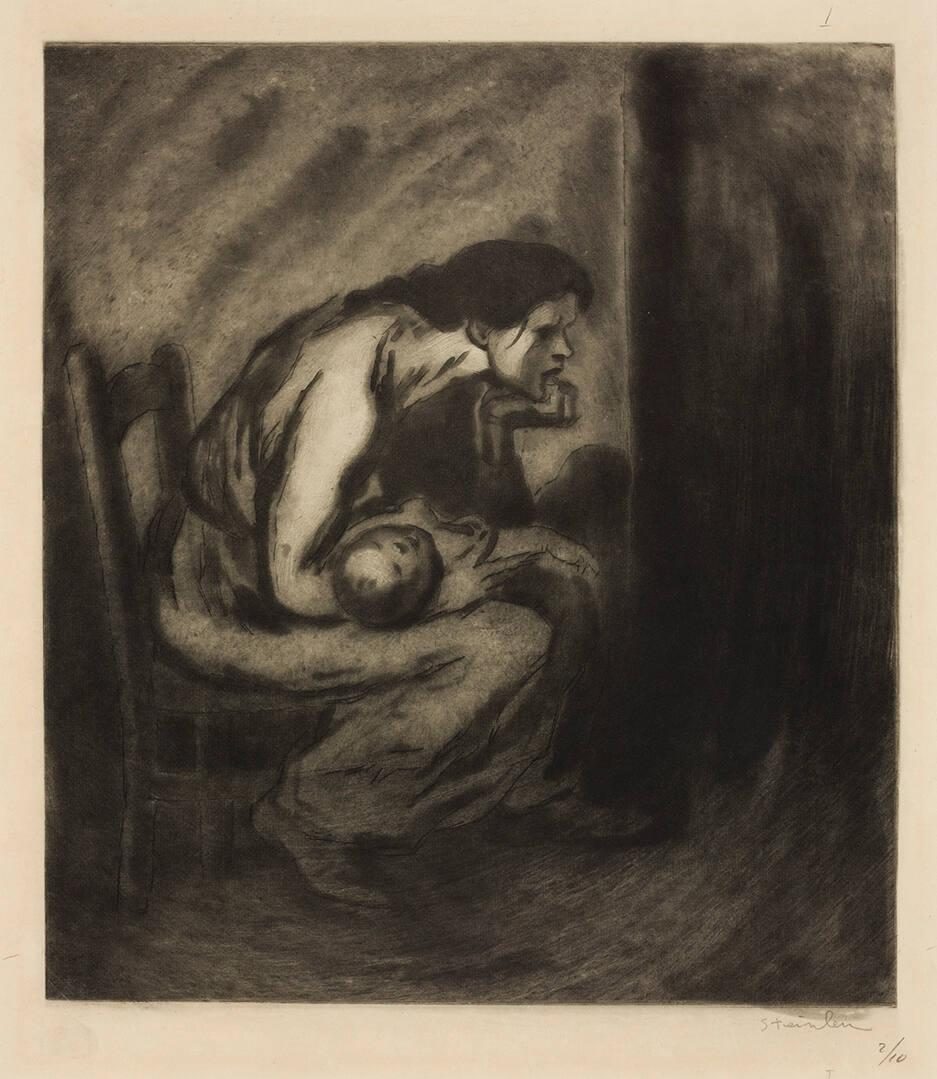 an etching of a distraught woman hunched over in a chair cradling her sick child