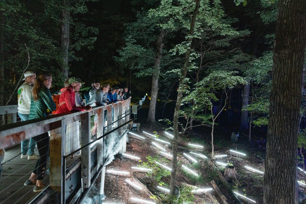People stand on a bridge at night looking out onto a ravine lit with bright white lights.