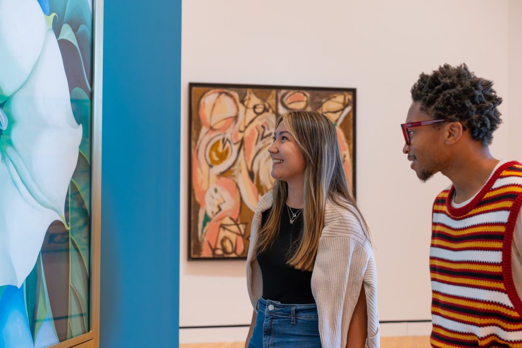 Georgia O'Keeffe, Jimson Weed/White Flower No. 1, 1932, oil on canvas, 48 in. x 40 in. Crystal Bridges Museum of American Art, Bentonville, Arkansas, 2014.35. Photography by Edward C. Robison III. Lee Krasner, Re-Echo, 1957, oil on canvas, 59 × 58 in. Art Bridges.
