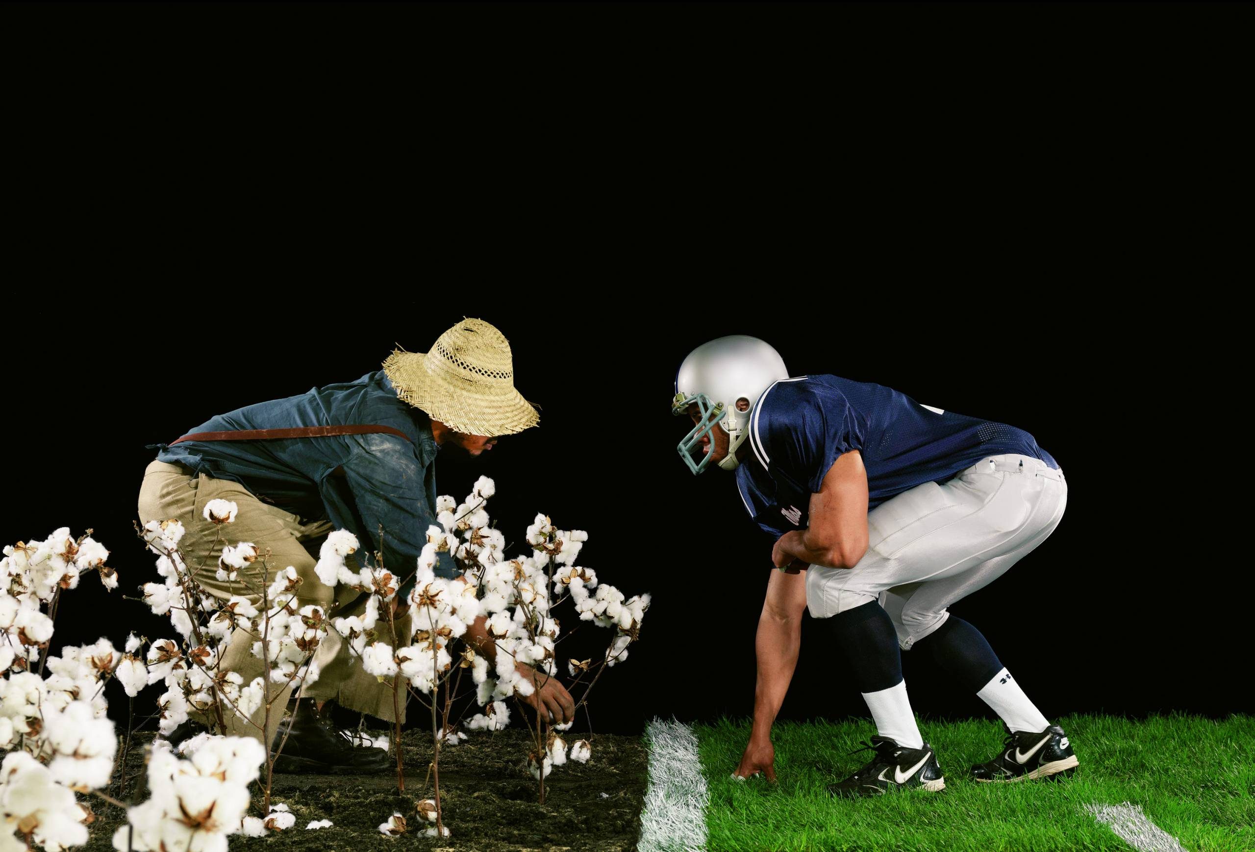 Person picking cotton and football player crouching, side by side on left and right.