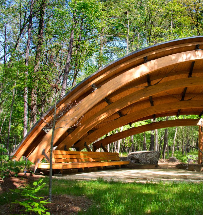 Wooden pavilion with curved beams and benches in a lush, green forest setting.