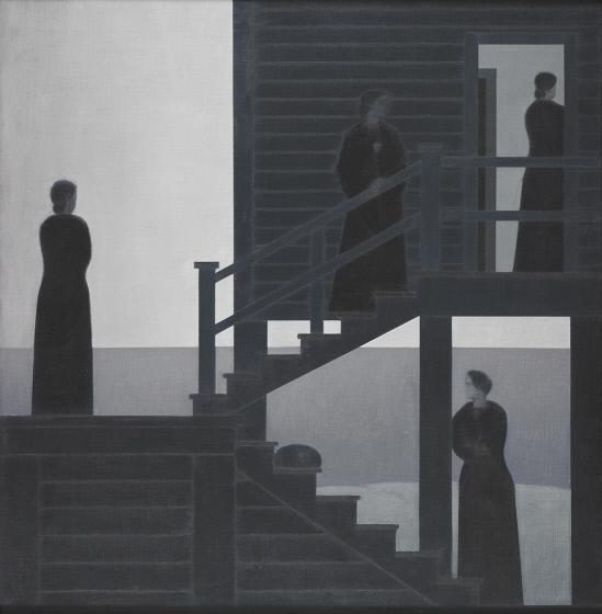 A woman in black is seen on a staircase in several positions