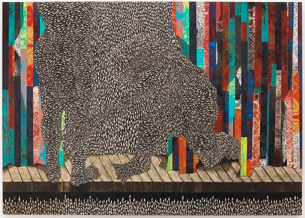 Didier William, Ou ap tonbe, men m ap kenbe ou, 2018, ink, wood carving and collage on panel, 64 × 90 × 2 in. (162.6 × 228.6 × 5.1 cm), courtesy of James Fuentes, New York.