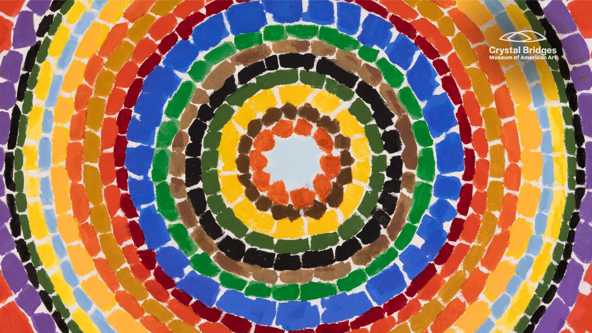Colorful concentric mosaic pattern with Crystal Bridges Museum logo in the top right corner.