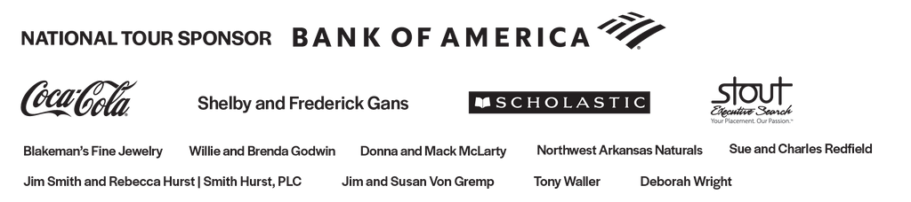 Image displaying sponsors for a national tour, led by Bank of America, Coca-Cola, and Scholastic.