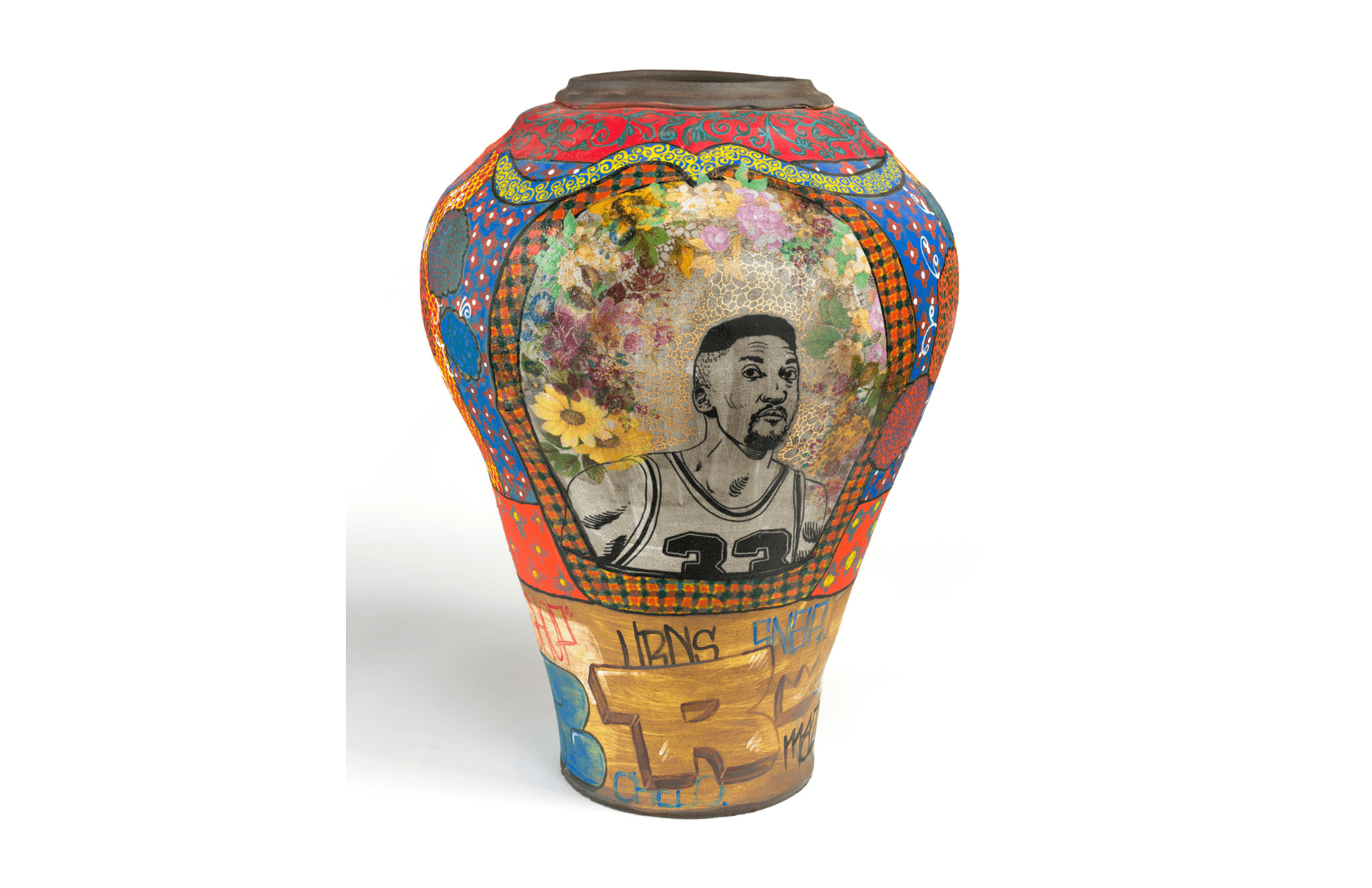 Colorful vase with intricate patterns, floral designs, sports portrait, and graffiti lettering.