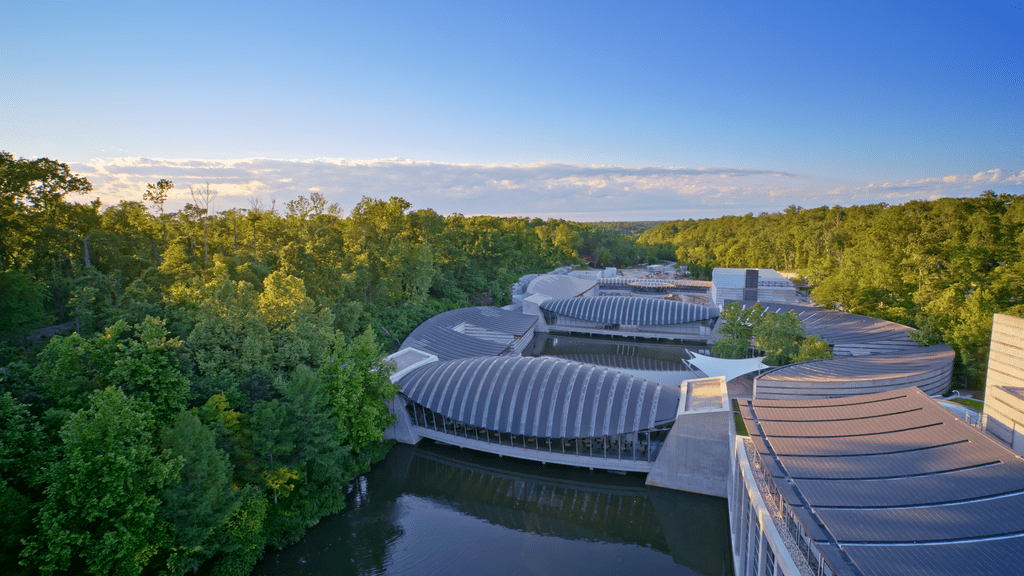 An aerial view of Crystal Bridges' expansion