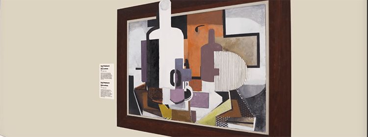 Abstract artwork with geometric shapes and muted colors in a cubist style, framed on a wall.