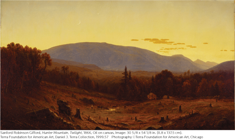 Landscape painting of Hunter Mountain at twilight with a crescent moon and yellow-tinged sky.