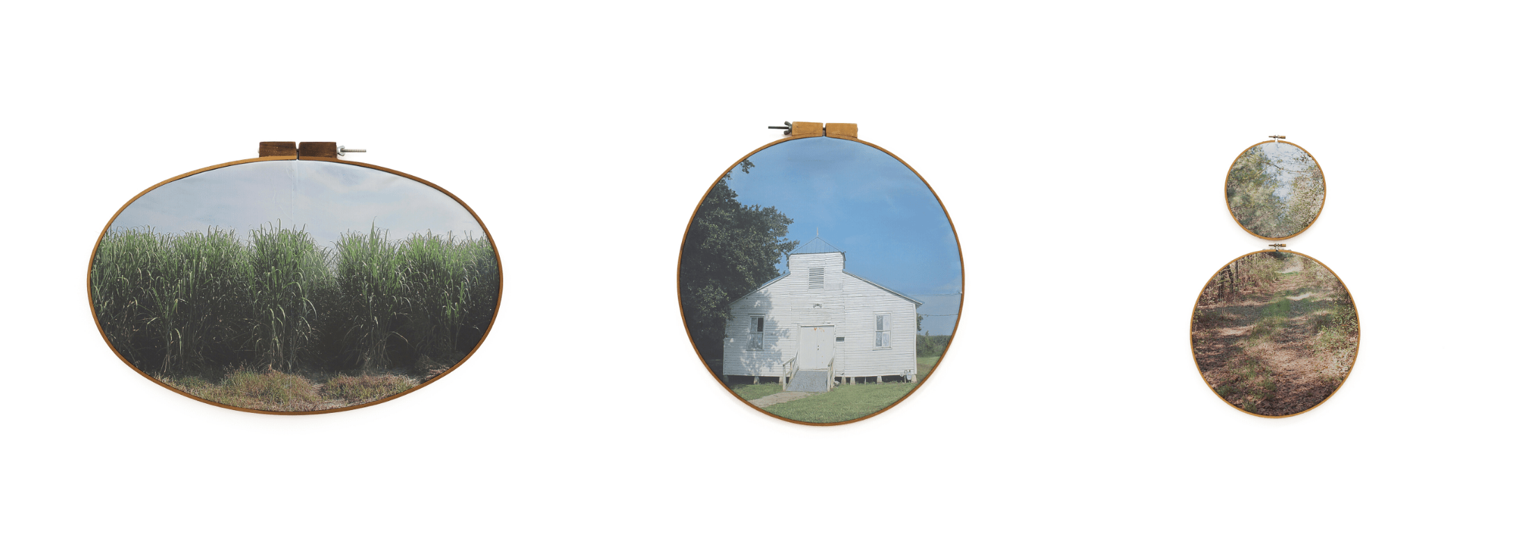 Letitia Huckaby, born 1972, Sugarland, 2017, pigment print on fabric with vintage embroidery hoop, 18 × 27 1/2 in. (45.7 × 69.9 cm); All Things Are Possible, 2017, pigment print on fabric with vintage embroidery hoop, 24 × 22 1/2 in. (61 × 57.2 cm); Washington Old Homestead, 2017, pigment print on fabric with vintage embroidery hoop, 21 × 12 1/2 in. (53.3 × 31.8 cm), courtesy of the artist and Liliana Bloch Gallery.