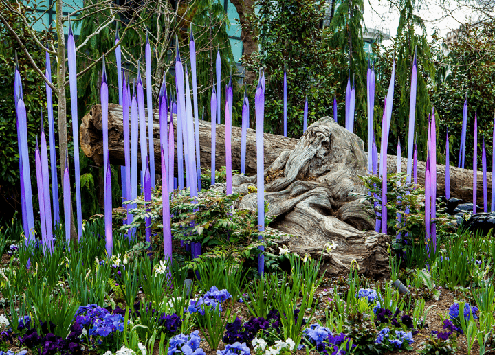 Garden with purple glass sculptures and driftwood amidst green plants and purple flowers.