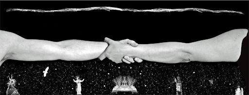 Photographic black and white print where two outstretched arms clasp over a dark background.