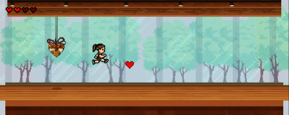 Pixel art side-scrolling game scene with character jumping towards heart collectible in forest setting.