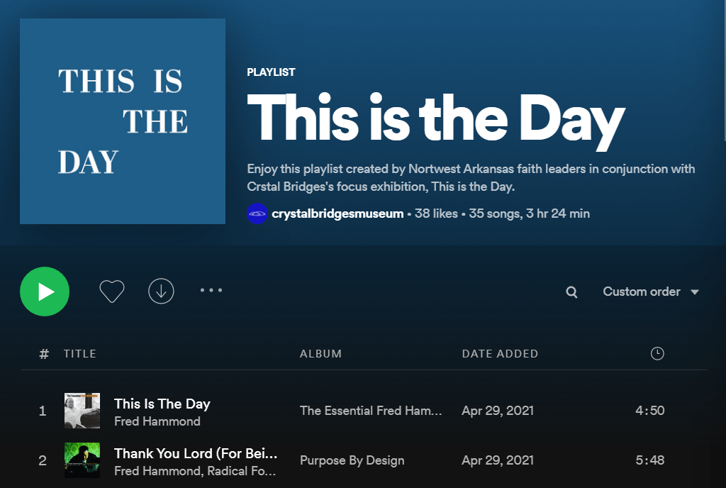 Screenshot of Spotify playlist for This is the Day exhibition